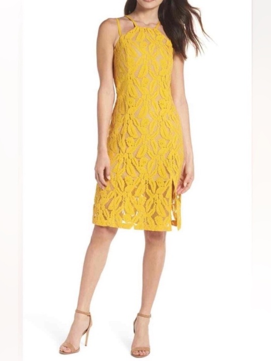 ALI & JAY Dresses & Skirts - Yellow Lace Strappy Back Dress Sheer Overlay Coquette Romantic Wedding Guest XL